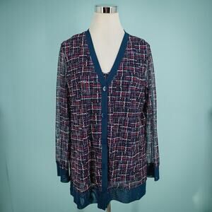 Chico's 2 Size Large L Blue Mesh Plaid Tweed Print Button Camisole Cardigan Set